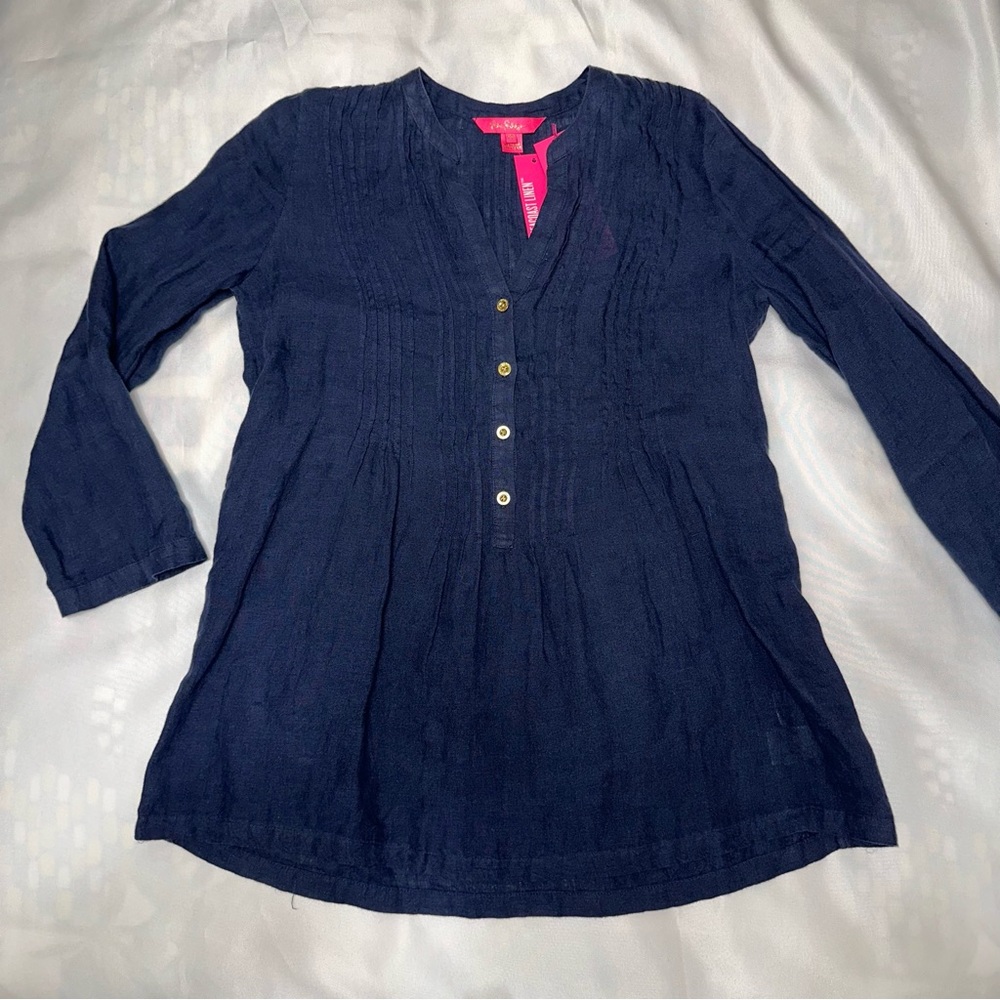 Lilly Pulitzer linen pintuck top navy‎ blue XXS Sarasota Tunic in True Navy NWT